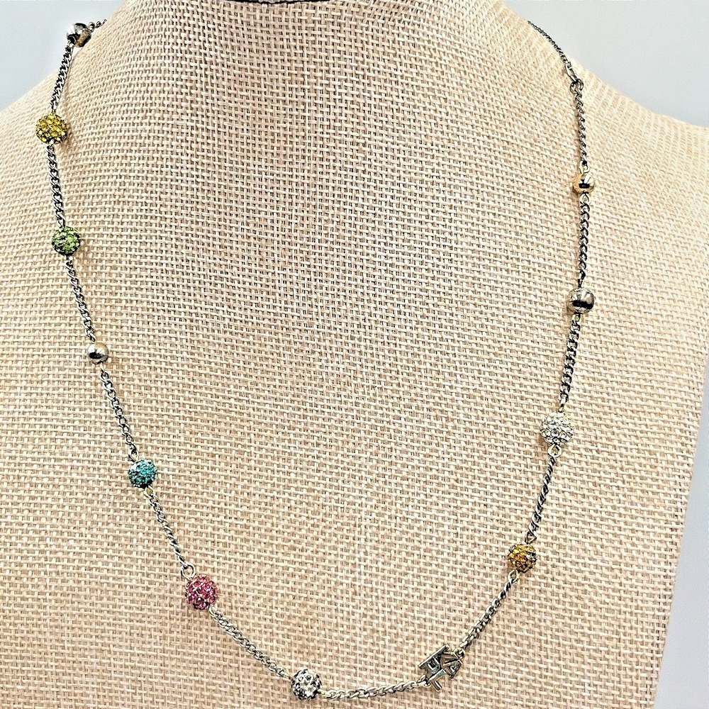 VTG Karl Lagerfeld Multi-Color Crystal Disco Ball‎ Station Necklace Silver Tone